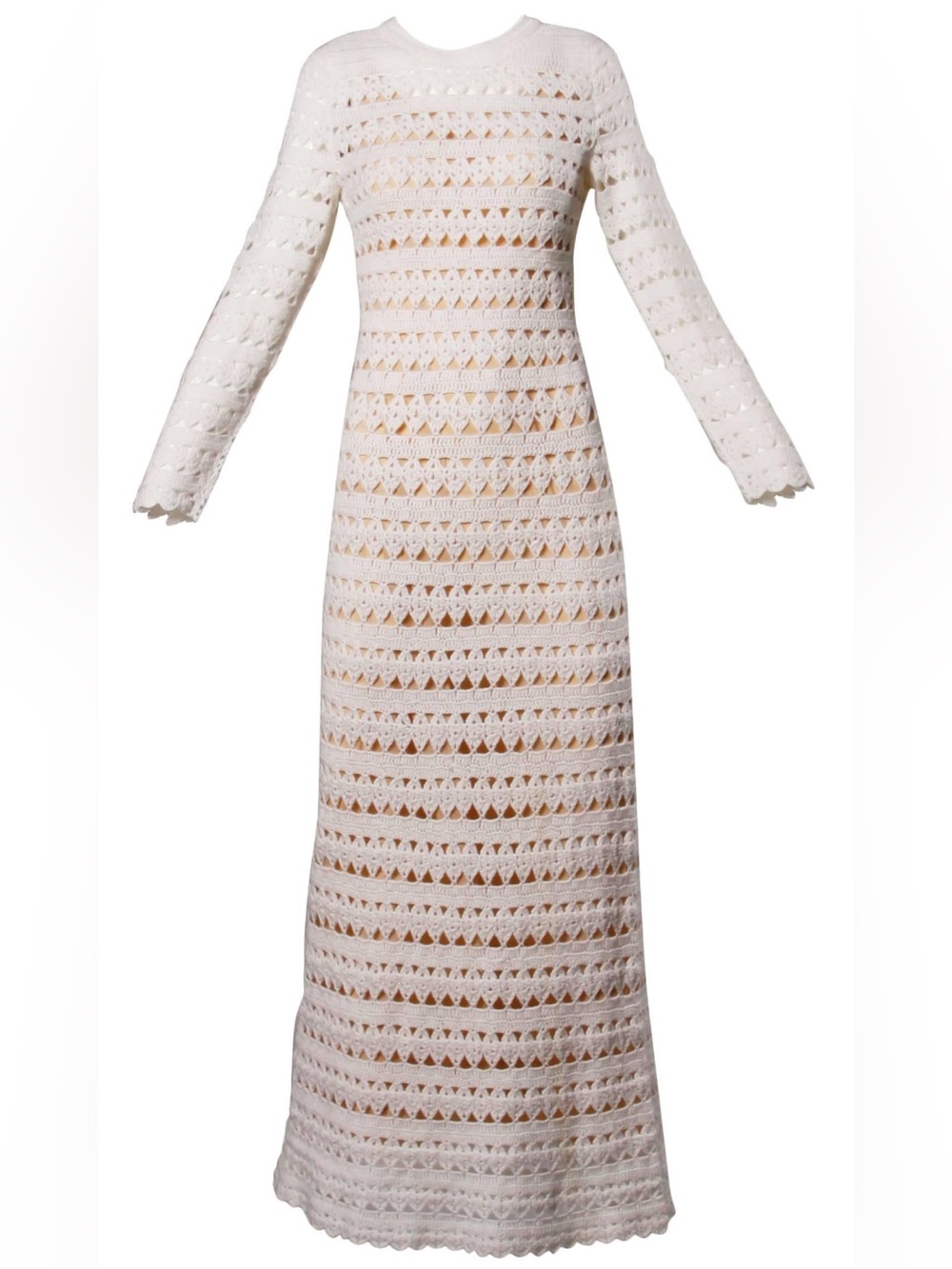 1970s Bergdorf Goodman Vintage Crochet Nude Illusion Maxi Dress